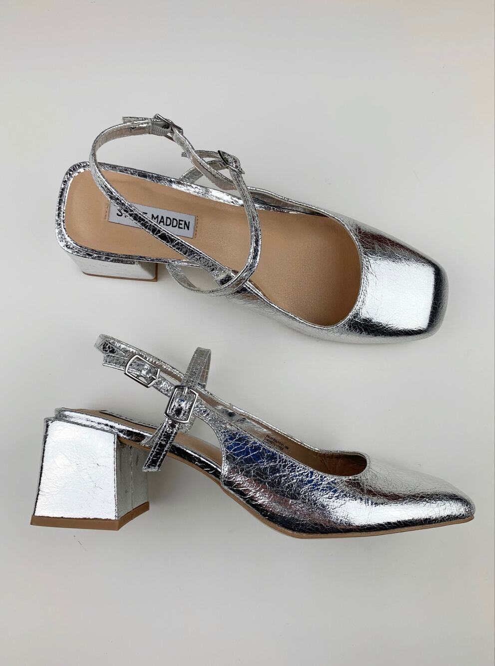 Steve Madden Emjay Block Heel Shoes Silver Slingback Pumps Women's 10 90s Y2K